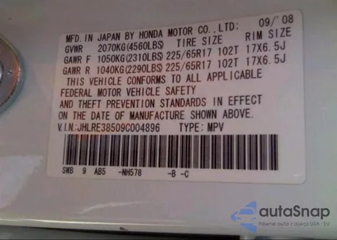 2009 Honda Cr-V Ex from USA, damaged, VIN JHLRE38509C004896